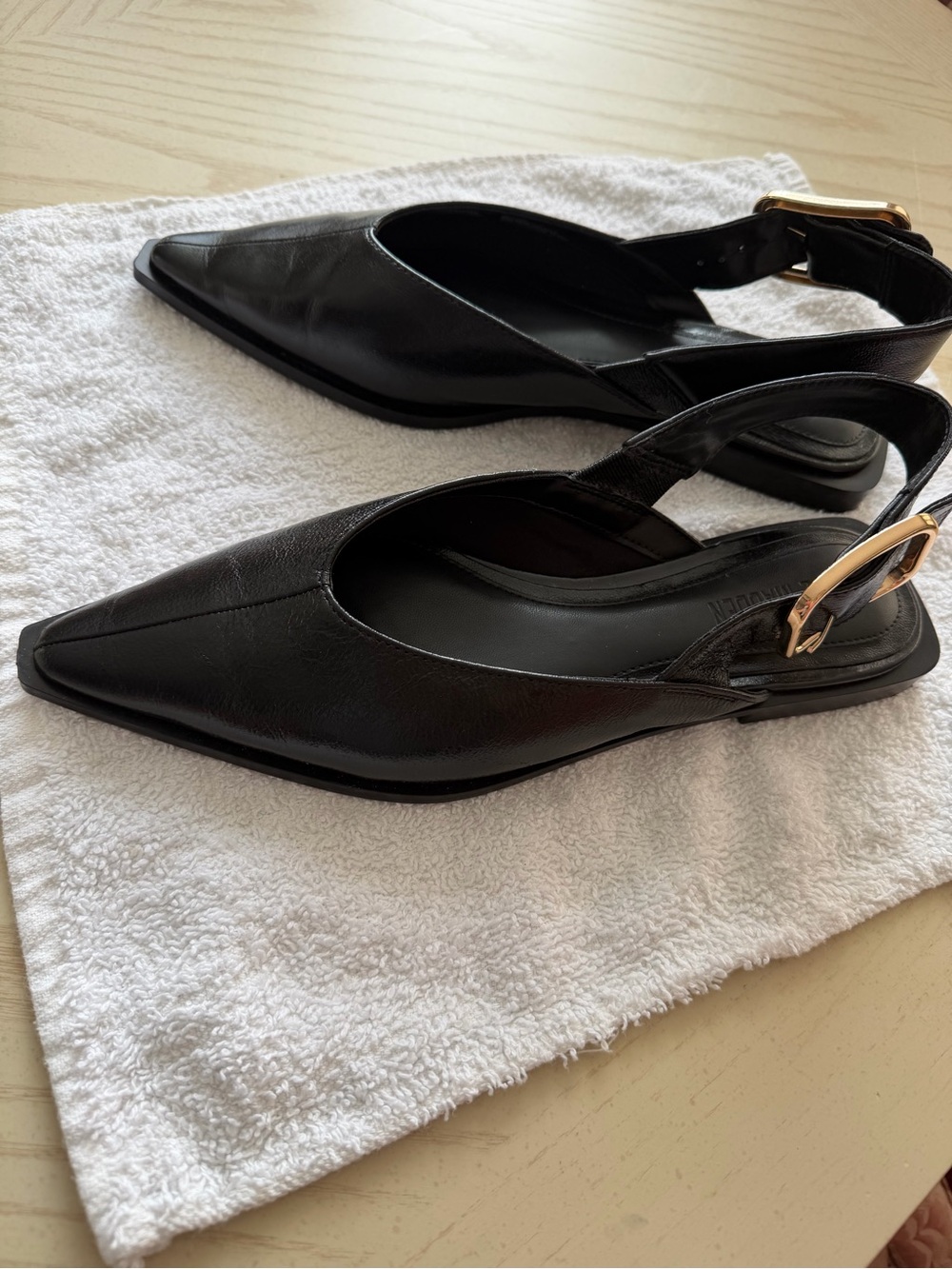 Steve Madden Black Pointed Slingback Flats with Gold Buckle
